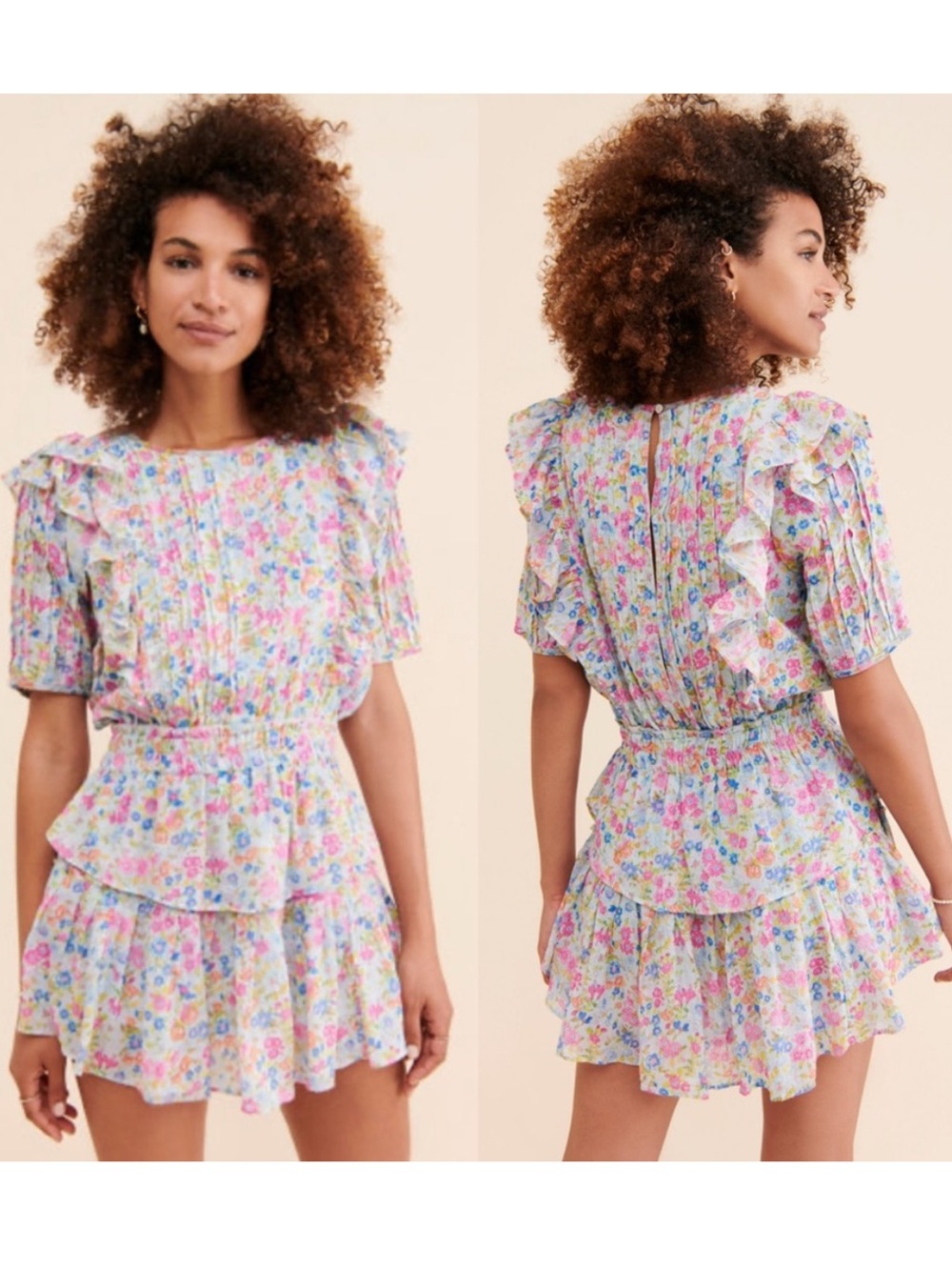 LoveShackFancy Natasha Ruffle Ditsy Floral Cotton-Voile Mini Dress Sz:S